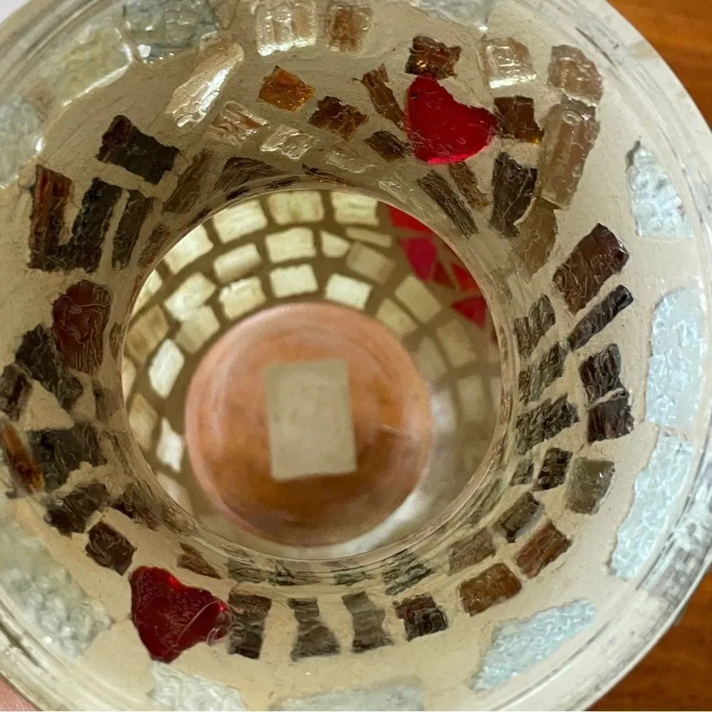 Handmade Mosaic Vase Heart Shaped Design Red Silver Cream